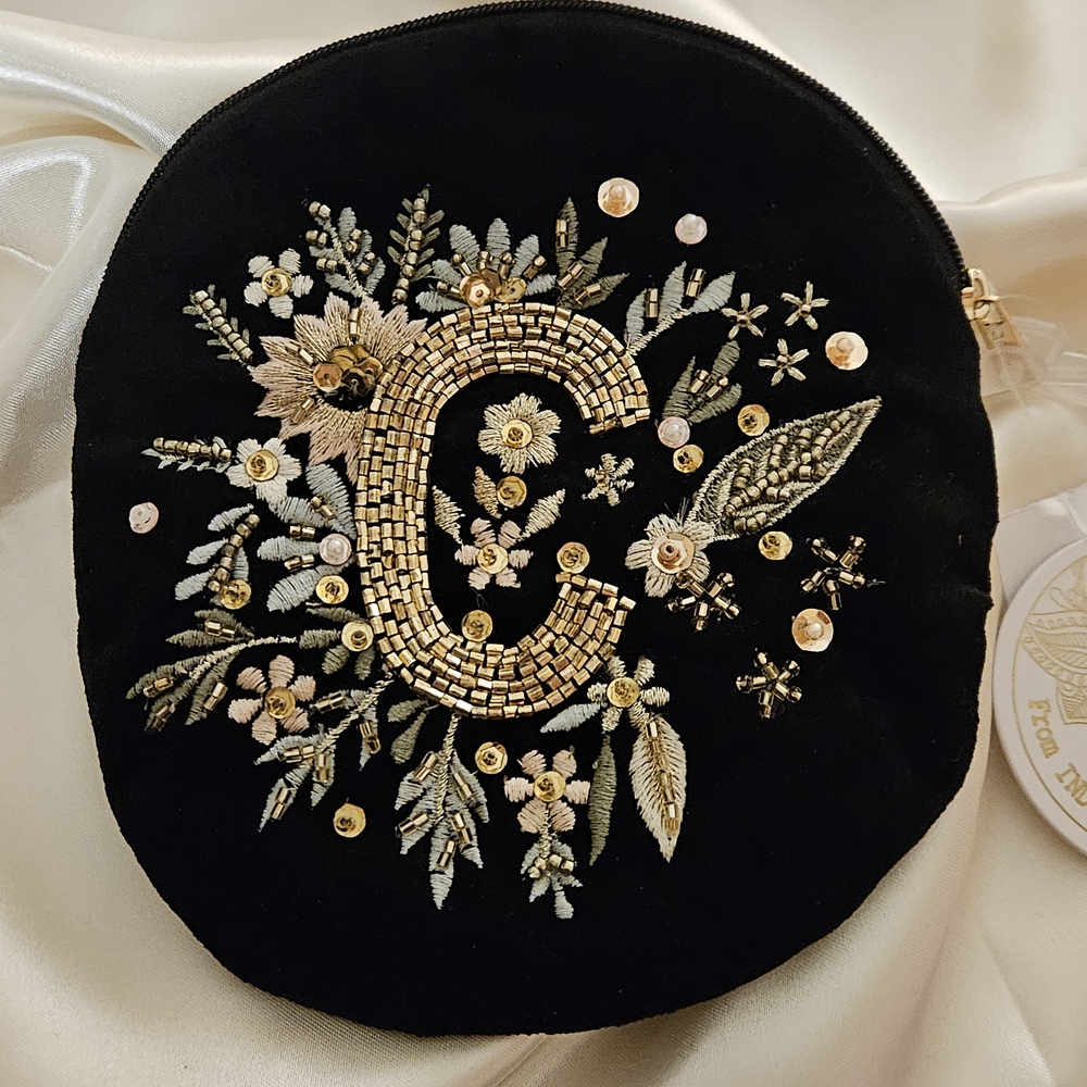 Floral Embroidered Black Velvet Pouch Monogram C
